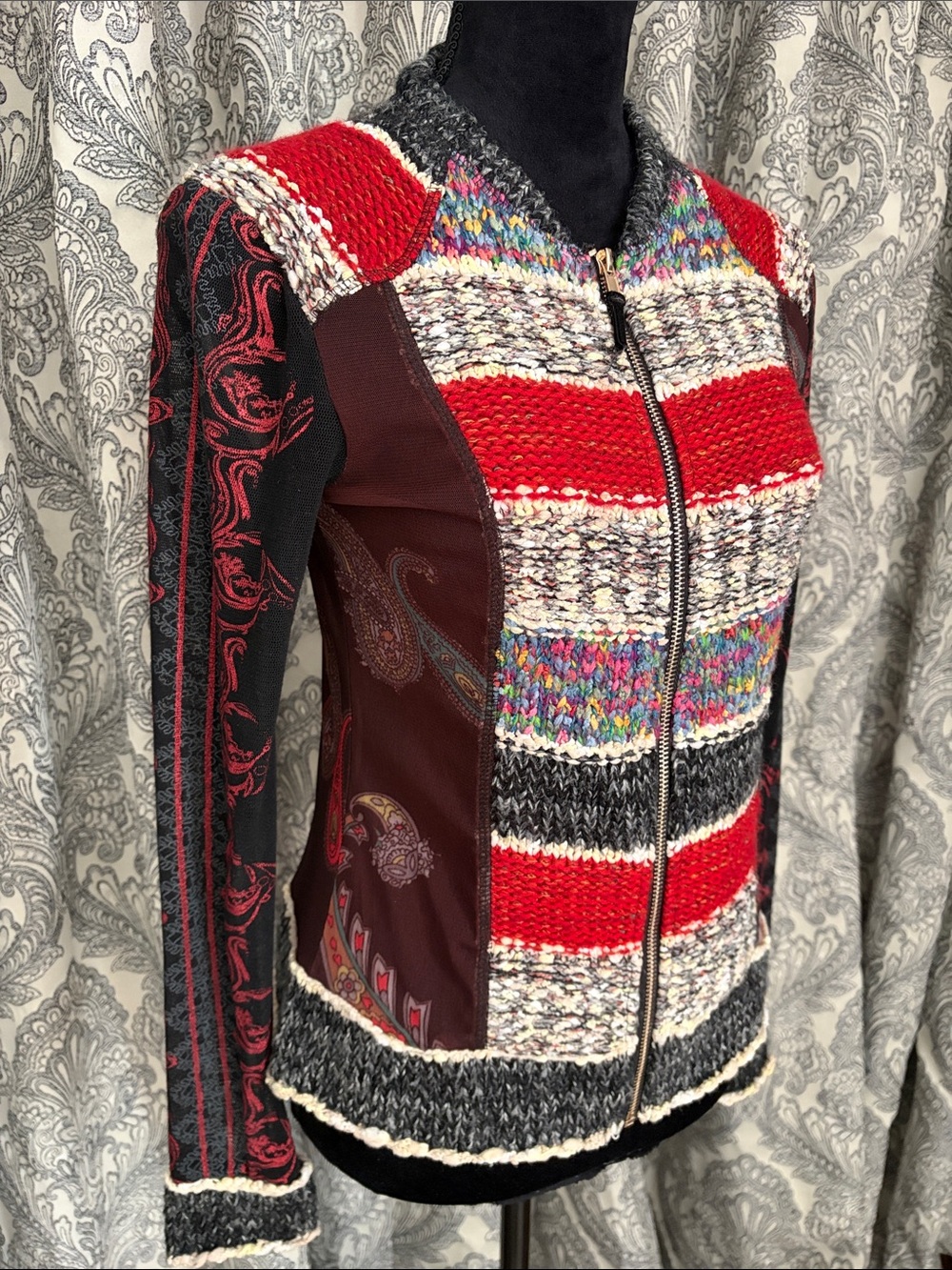 VINTAGE Mix mixed media knit, zip up jacket with mesh sides and sleeves